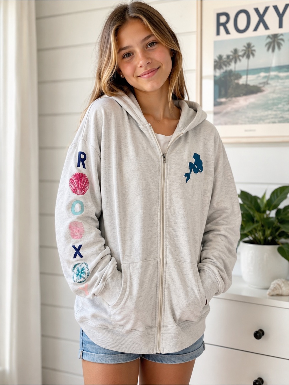 Roxy x Disney Girls Full Zip Hoodie XXL Mickey Mermaid Beach Graphic Oatmeal